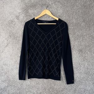 Tommy Hilfiger Sweater Womens Small Blue Long Sleeves V-Neck Gold Beaded Cotton